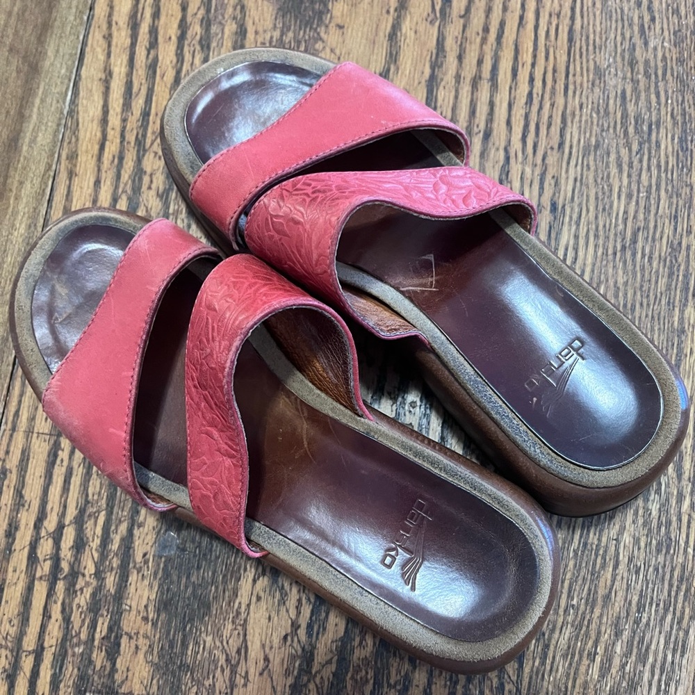 Dansko Coral Red Leather Double-Strap Slide Sandals - Picture 2 of 4